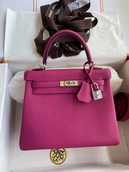 Hermes Customized: Fully hand-stitched👉Kelly 25cm Imported Togo Leather Rose Purple Silver Buckle ✈️✈️