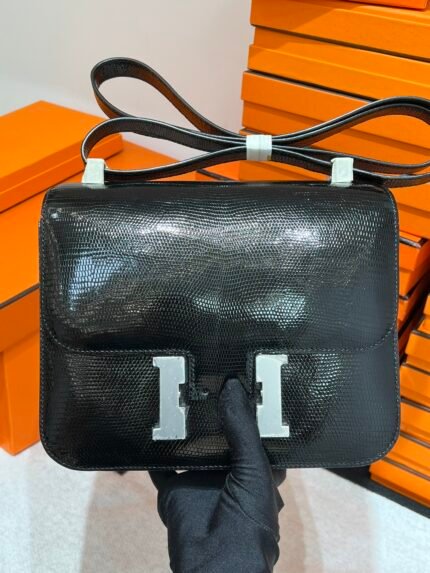 Hermes KangKang 24CM.New In Stock Black Silver Buckle hcp first grade imported lizard skin, top quality hand-stitching