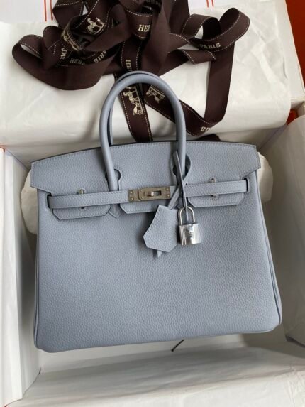 Hermes Fully hand-stitched👉Birkin 25cm Imported Togo Leather Linen Blue Silver Buckle