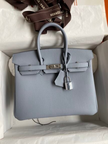 Hermes Hand-stitched Birkin 25cm Imported Togo Leather Linen Blue Inside Patchwork Weimaraner Beige Silver Buckle
