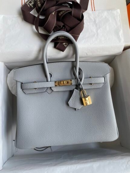 Hermes Fully hand-stitched Birkin 25cm Imported Togo Leather Glacier Blue Gold Buckle