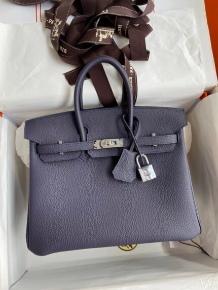 Hermes Hand-stitched Birkin 25cm Imported Togo Leather Ink Blue Silver Buckle