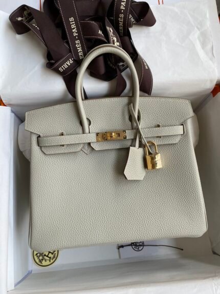 Hermes Fully hand-stitched 👉Birkin 25cm imported Togo leather Pearl gray Gold buckle