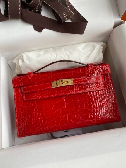 Hermes Fully hand-sewn 👉Mini Kelly Generation One Clutch 22cm Imported American Crocodile🐊 Ferrari Red Gold Buckle